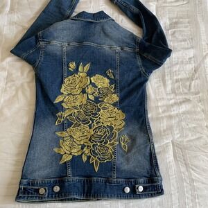 LuLuRoe Womens Sz XS Gold Flower Embroidered Blue Jean Jacket Denim Trucker Boho